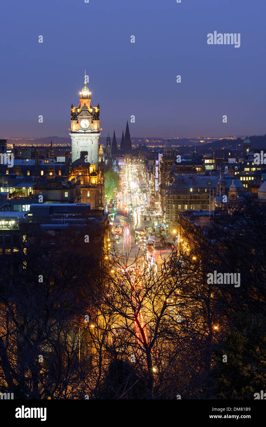 Edinburgh city centre and Princes Street at night viewed from Calton Hill Stock Photo