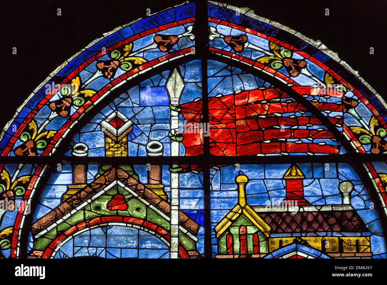 STAINED-GLASS WINDOW OF THE ORIFLAMME OF SAINT-DENIS, ONE OF THE OLDEST REPRESENTATIONS OF THE FIRST FLAG OF FRANCE USED IN TIMES OF WAR IN THE MIDDLE AGES, INTERIOR OF THE OUR LADY OF CHARTRES CATHEDRAL, LISTED AS A WORLD HERITAGE SITE BY UNESCO, EURE-ET Stock Photo