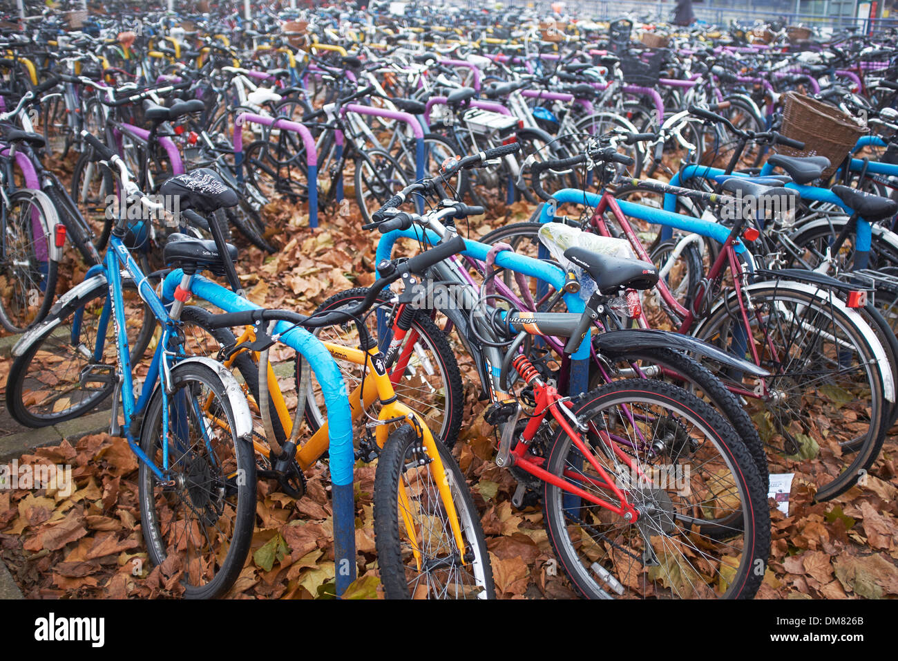 Bicycles parked outside the railway station in Oxford city centre Stock Photo
