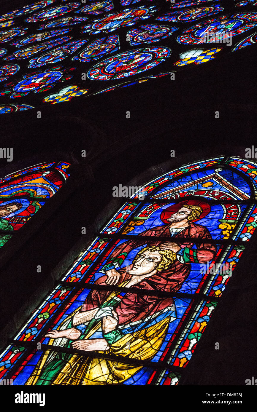 DETAIL OF THE ROSACE WINDOW IN THE SOUTH TRANSEPT, SAINT MARK CARRIED BY SAINT DANIEL, INTERIOR OF THE OUR LADY OF CHARTRES CATHEDRAL, LISTED AS A WORLD HERITAGE SITE BY UNESCO, EURE-ET-LOIR (28), FRANCE Stock Photo