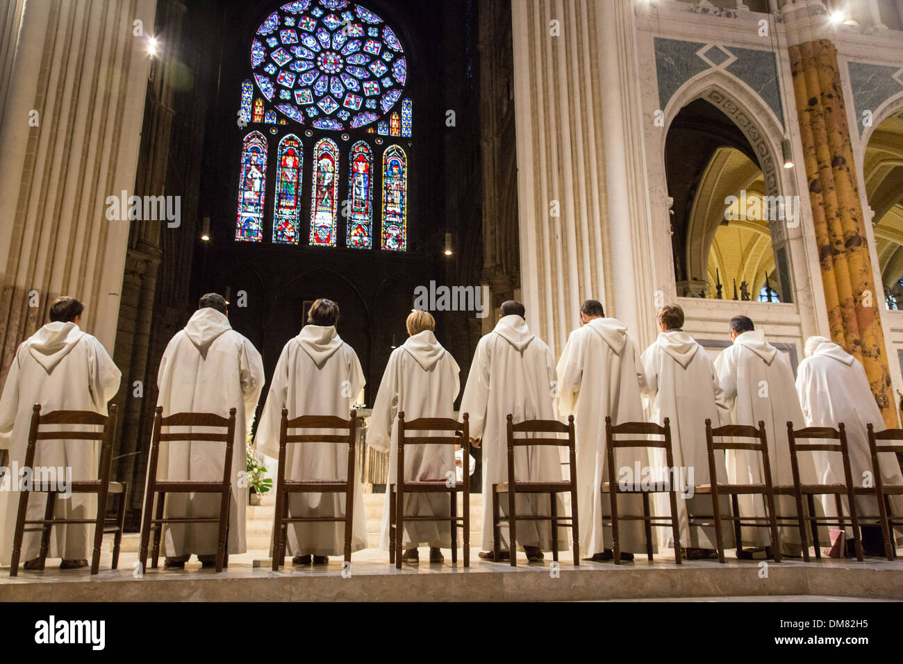 CELEBRATING VESPERS, INTERIOR OF THE OUR LADY OF CHARTRES CATHEDRAL, LISTED AS A WORLD HERITAGE SITE BY UNESCO, EURE-ET-LOIR (28), FRANCE Stock Photo
