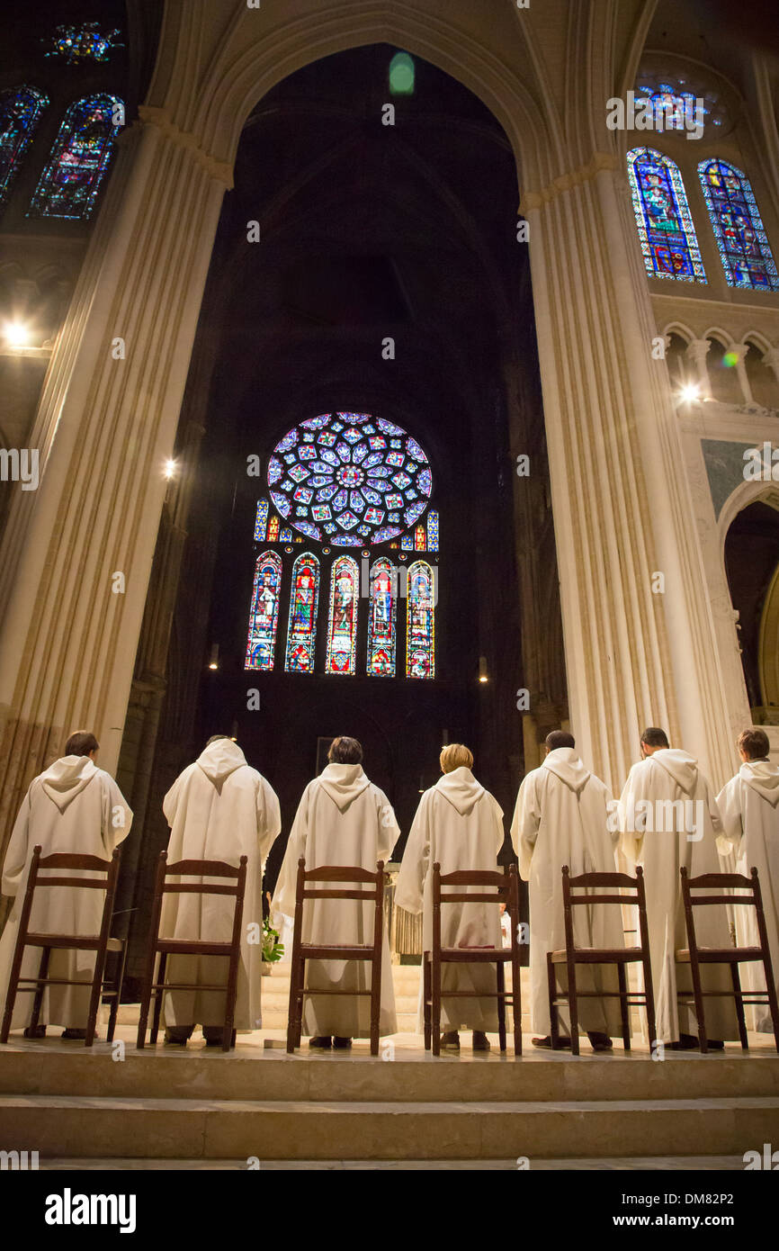 CELEBRATING VESPERS, INTERIOR OF THE OUR LADY OF CHARTRES CATHEDRAL, LISTED AS A WORLD HERITAGE SITE BY UNESCO, EURE-ET-LOIR (28), FRANCE Stock Photo