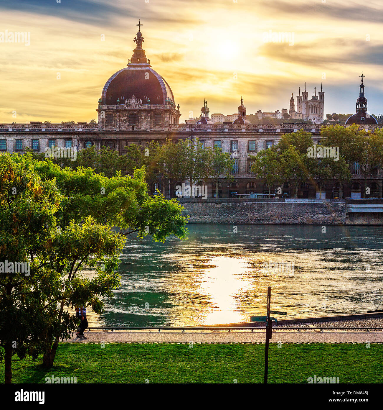 Lyon city at sunset with Rhone river Stock Photo