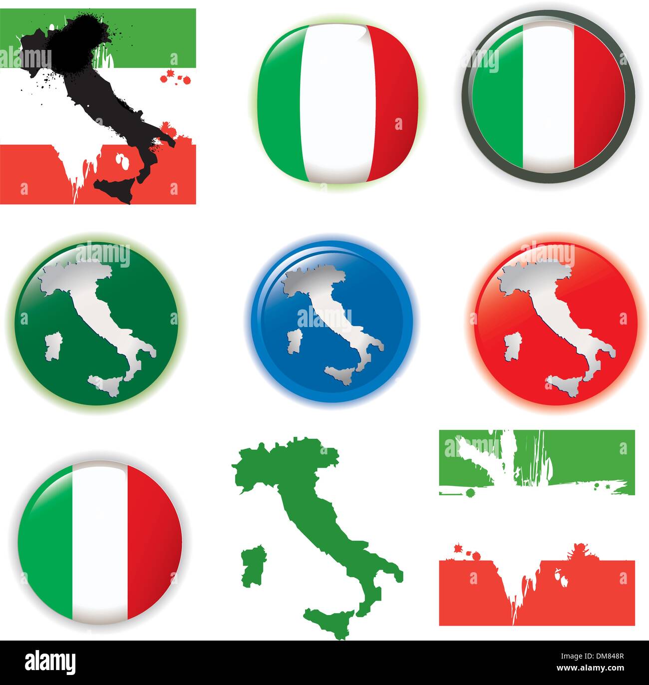 Italy, Italian flag, map and glossy button, vector illustration set. Stock Vector