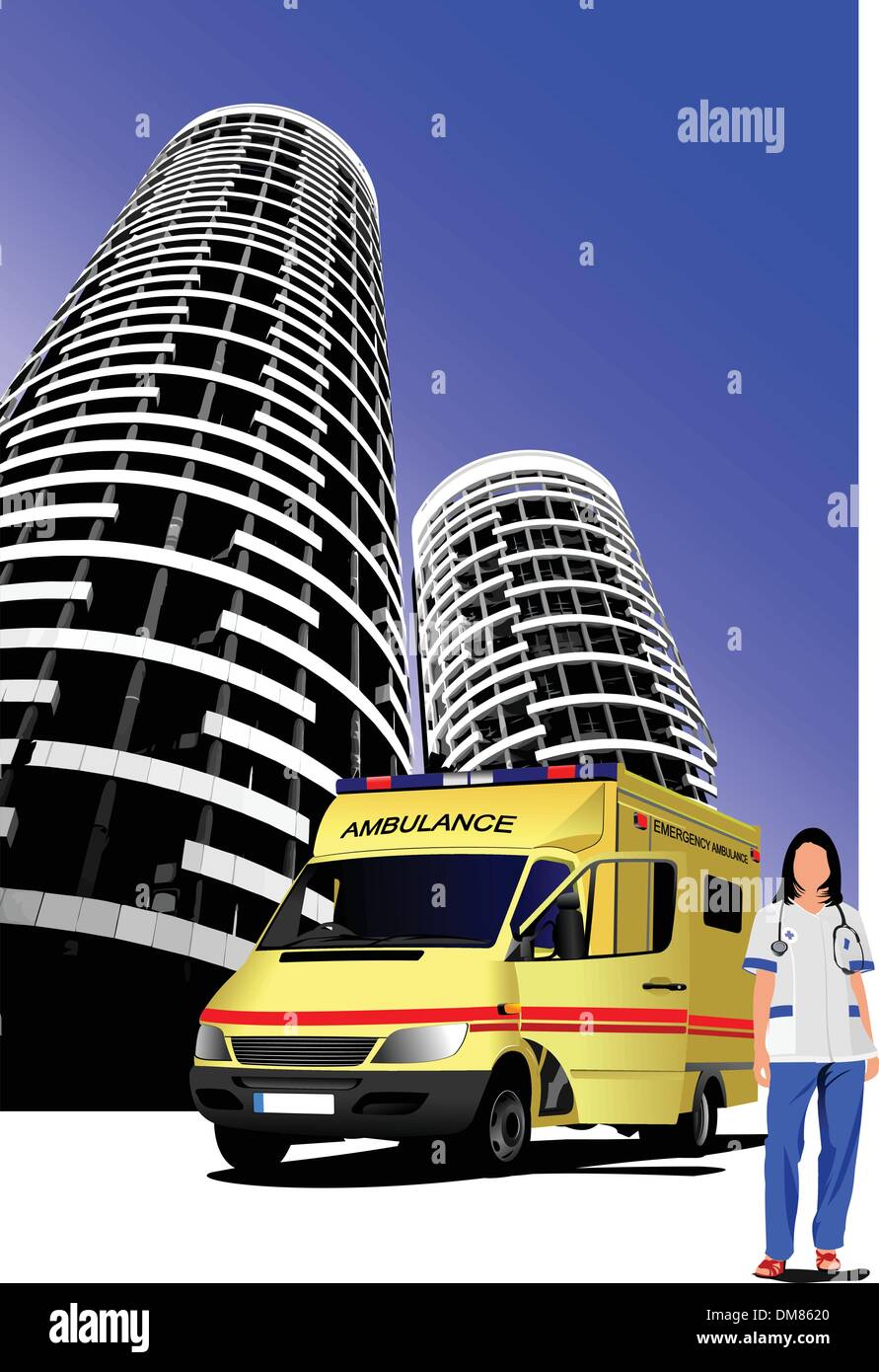 Ambulance and medical nurse on city background. Vector illustrat Stock Vector