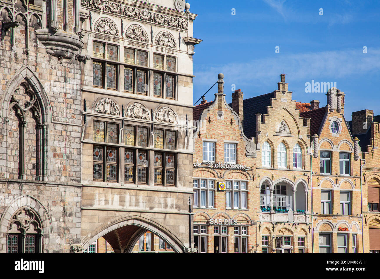 Buildings and architecture of the old town of Ypres in Grote Markt, Ypres, Belgium Stock Photo