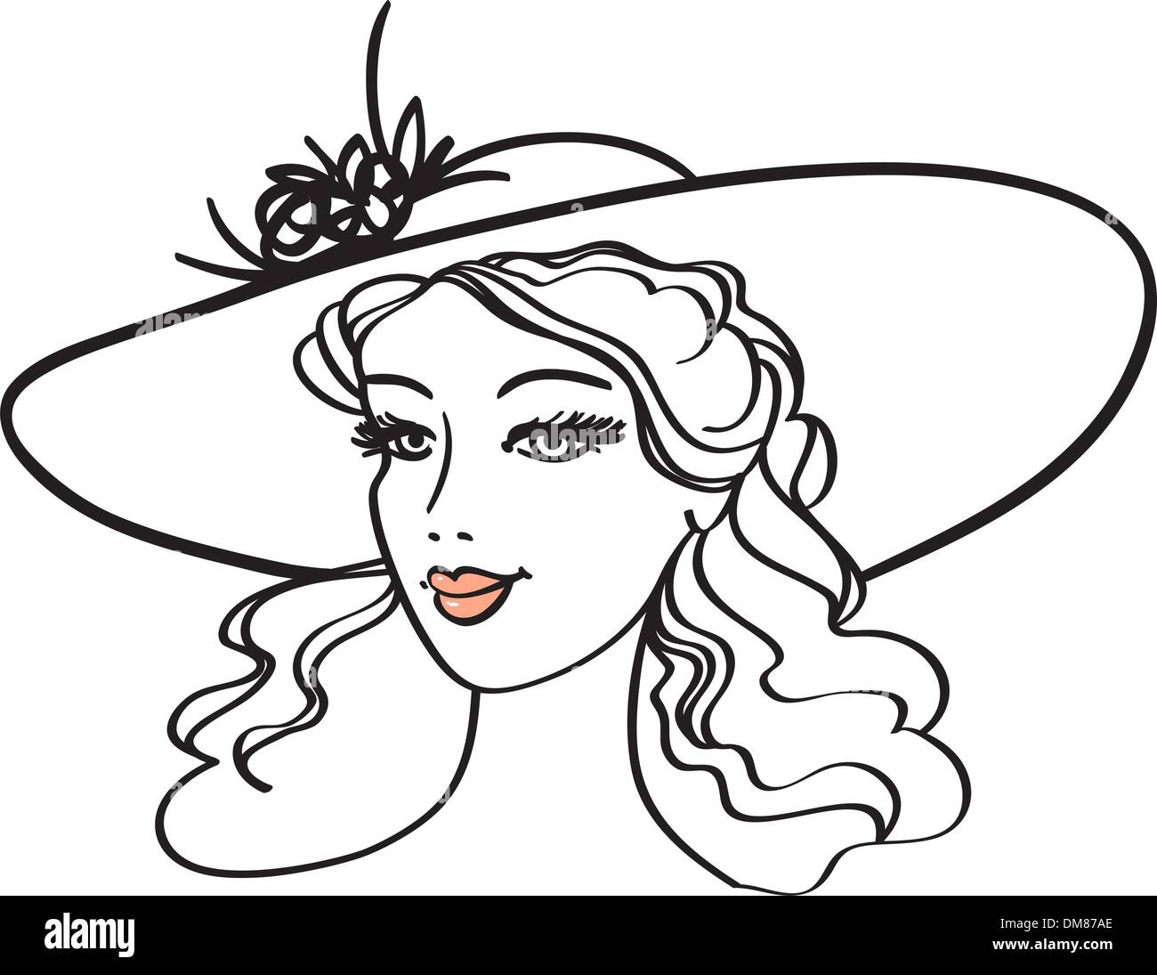 beautiful young woman with red lips in hat vector illustration Stock ...