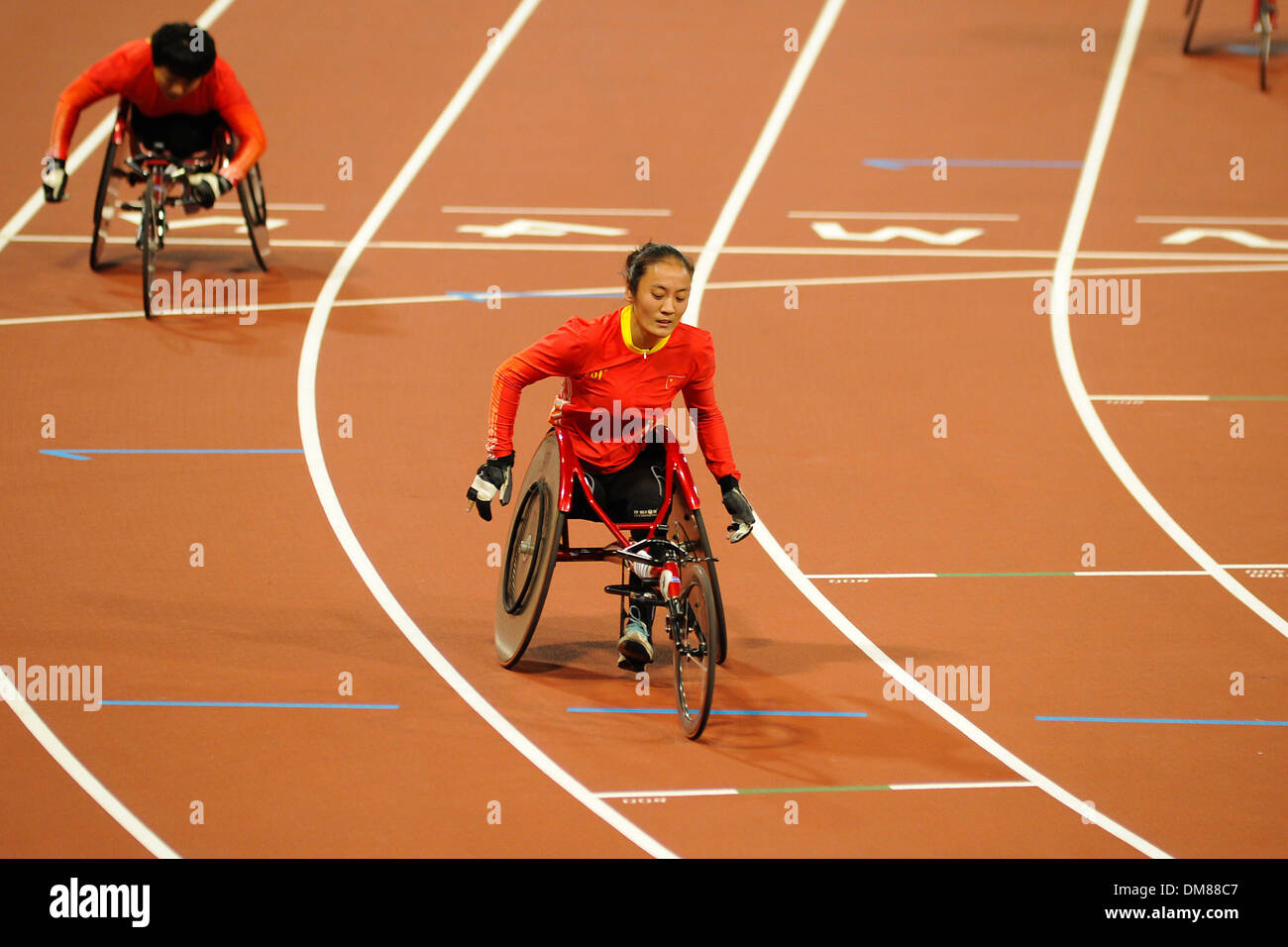 Tina McFadden (USA) wins Gold Hongjiao Dong (CHN) Silver and Edith Wolf (SUI) Bronze at London 2012 Paralympic Games - Women's Stock Photo