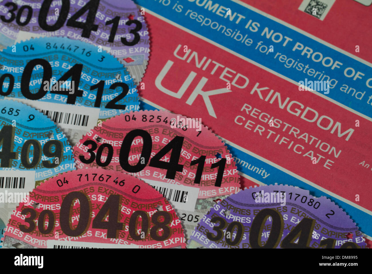Car Registration Certificate with Various Car Tax Discs 2007 to 2013