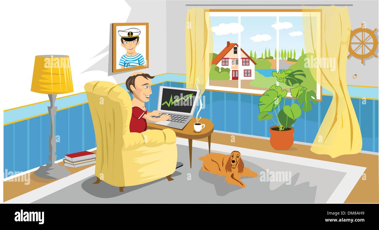 Man working with PC at home Stock Vector