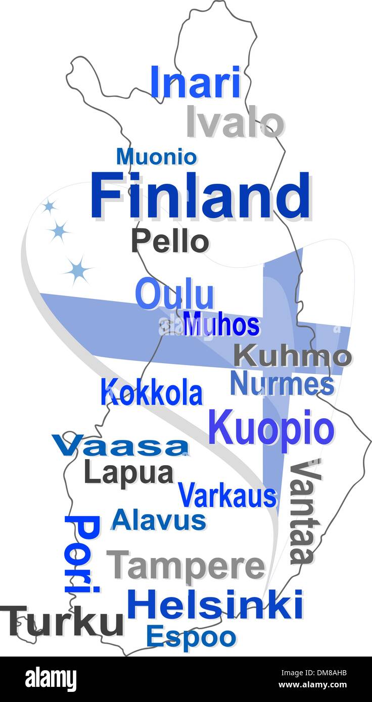 finland map and words cloud with larger cities Stock Vector