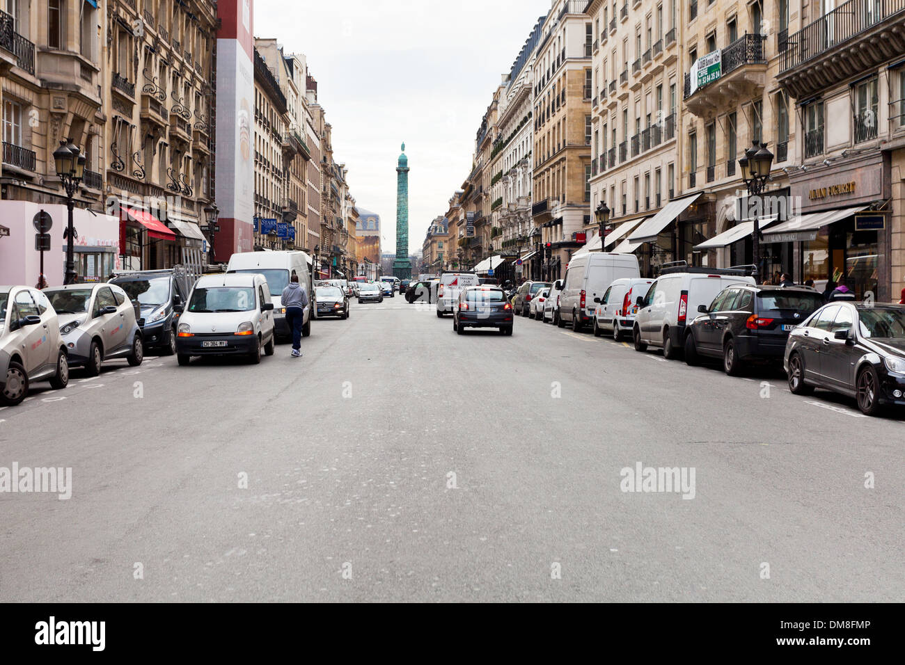 view of Vendome column from Rue de la Paix, Paris Stock Photo