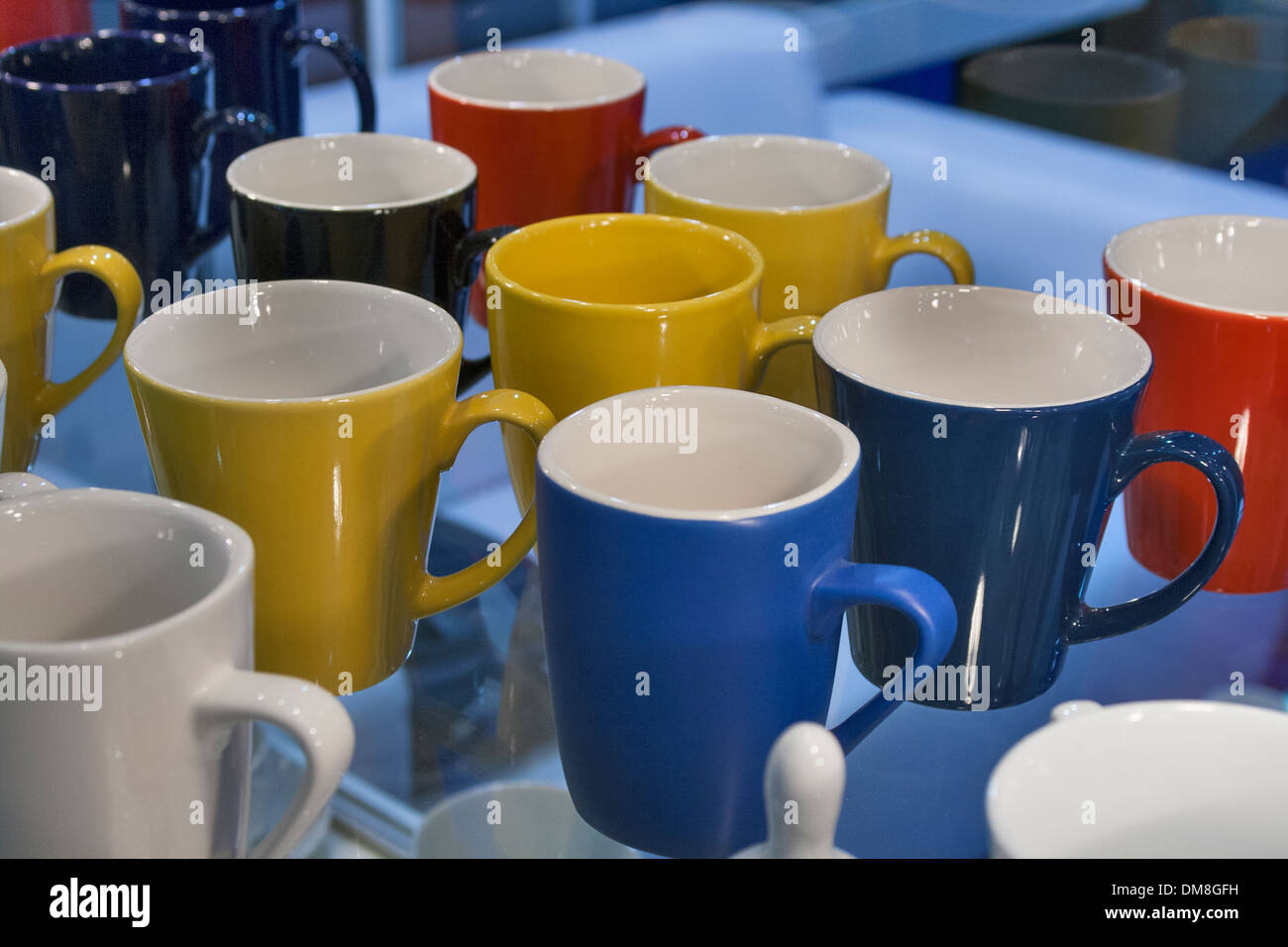 different colors tea cups closeup Stock Photo