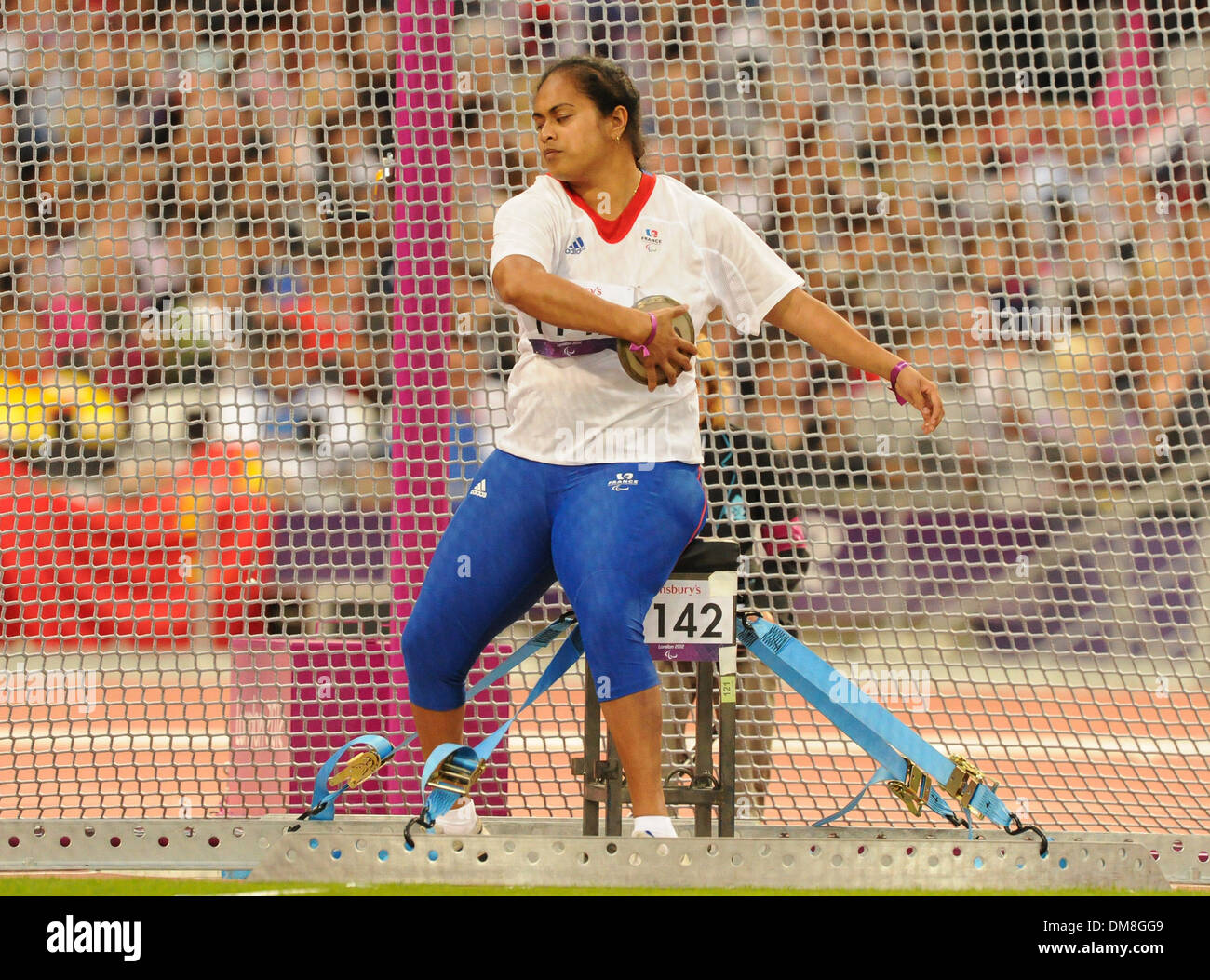 Eveline Tuitavake (FRA) in action Women's Discus Final during Day 5 of Paralympics from Olympic Stadium London England - Stock Photo
