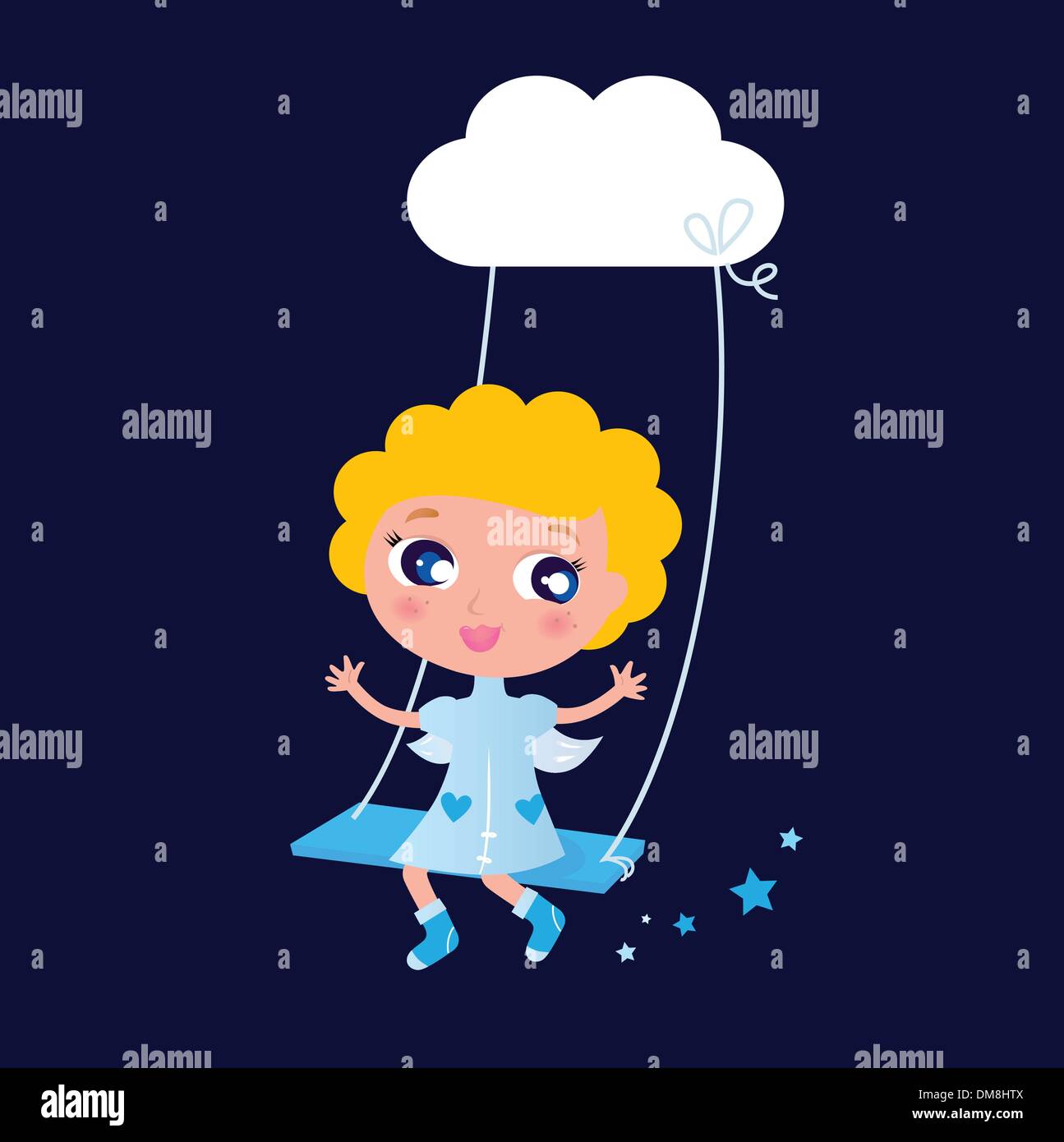 Blond christmas angel sitting in the night sky Stock Vector
