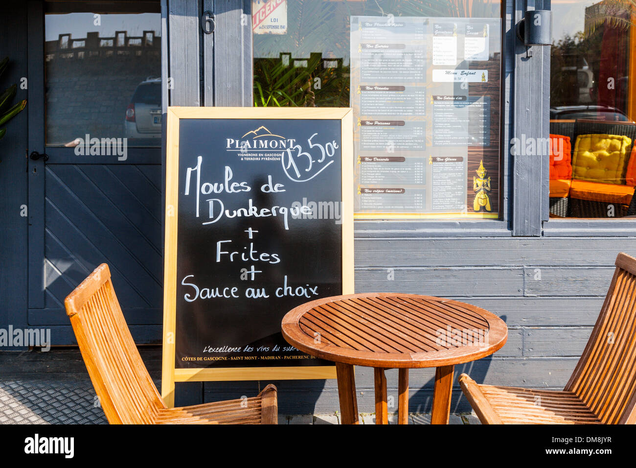 Moules and Frites on the menu at a seaside restaurant in Dunkirk