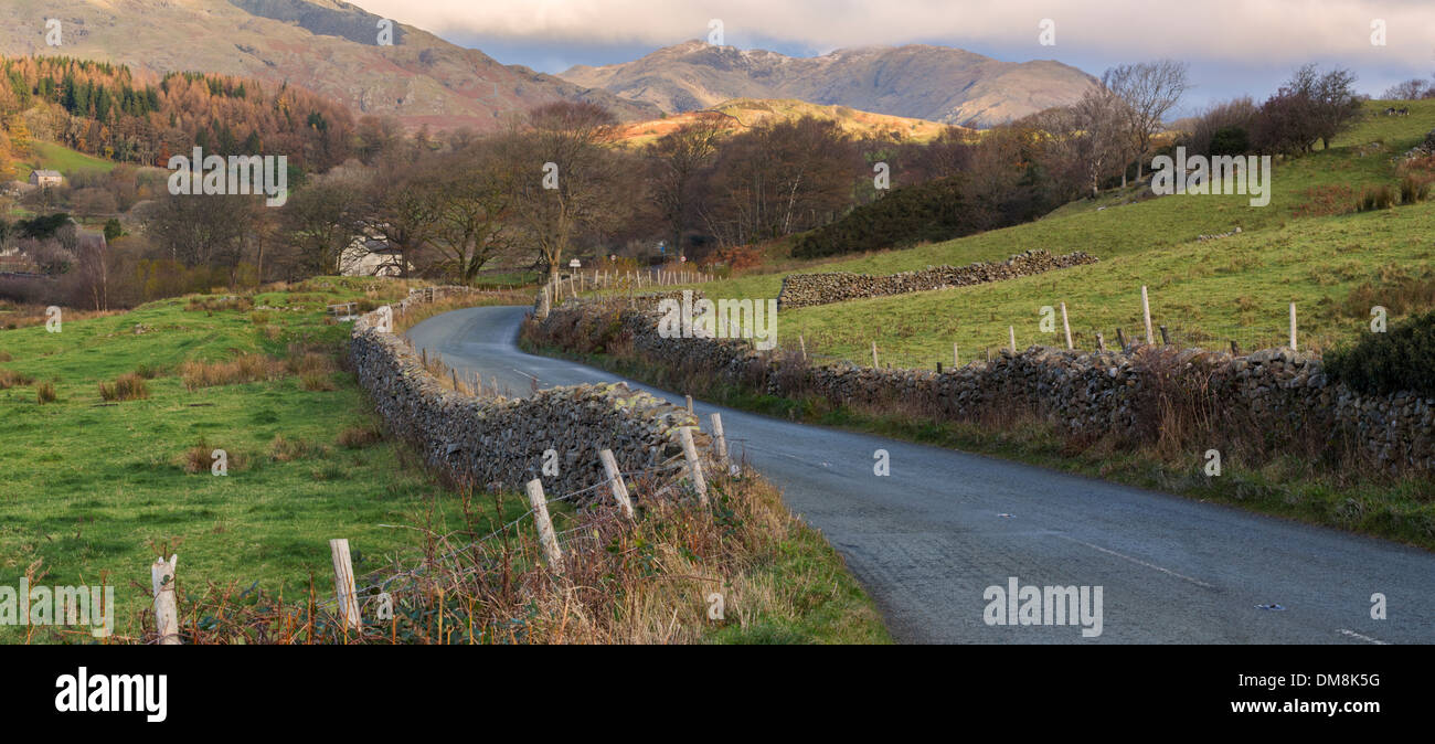 The Road to Torver with the Furness Fells and Old Man in the background. Stock Photo