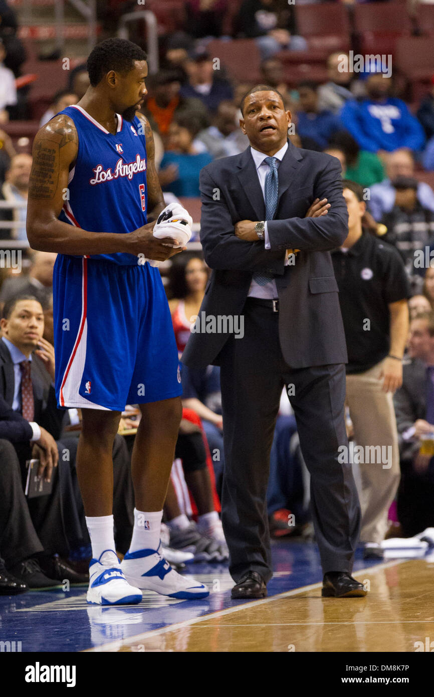 December 9, 2013: Los Angeles Clippers head coach Doc Rivers talks with center DeAndre Jordan (6) on the sidelines during the NBA game between the Los Angeles Clippers and the Philadelphia 76ers at the Wells Fargo Center in Philadelphia, Pennsylvania. The Clippers win 94-83. Christopher Szagola/Cal Sport Media Stock Photo