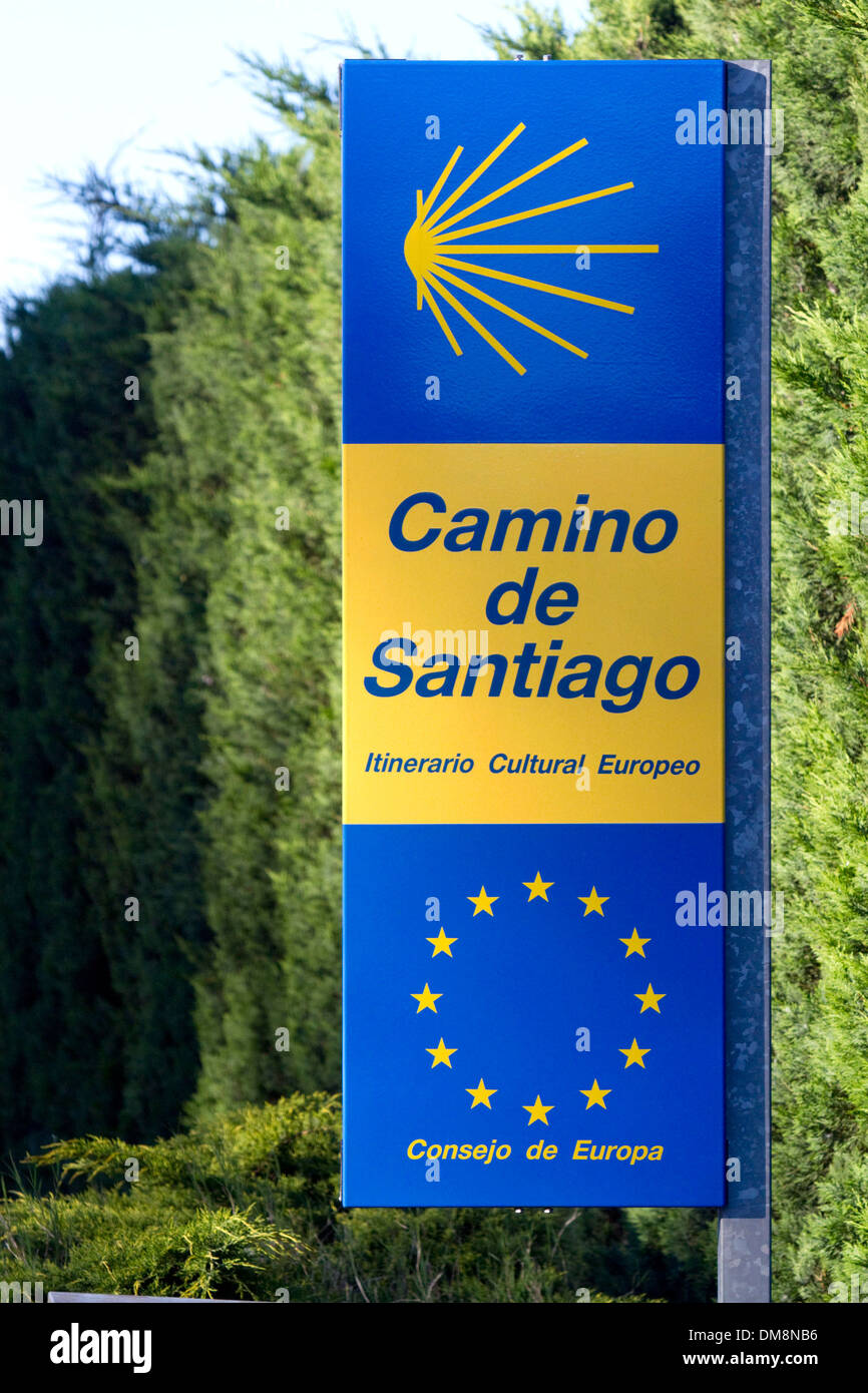 Marker along the Camino De Santiago, the Way of St. James pilgrimage route, Navarra, Spain. Stock Photo