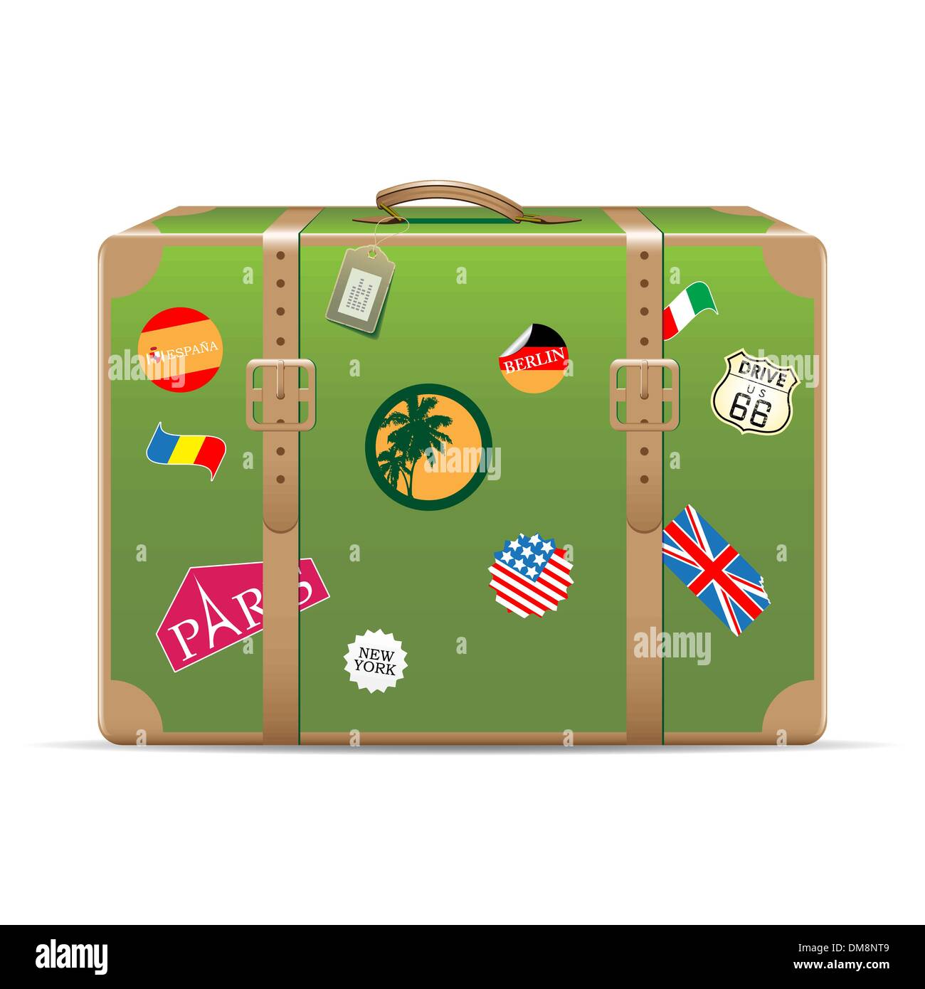 Flat Vector Icon Of Retro Suitcase With Stickers Vintage Travel
