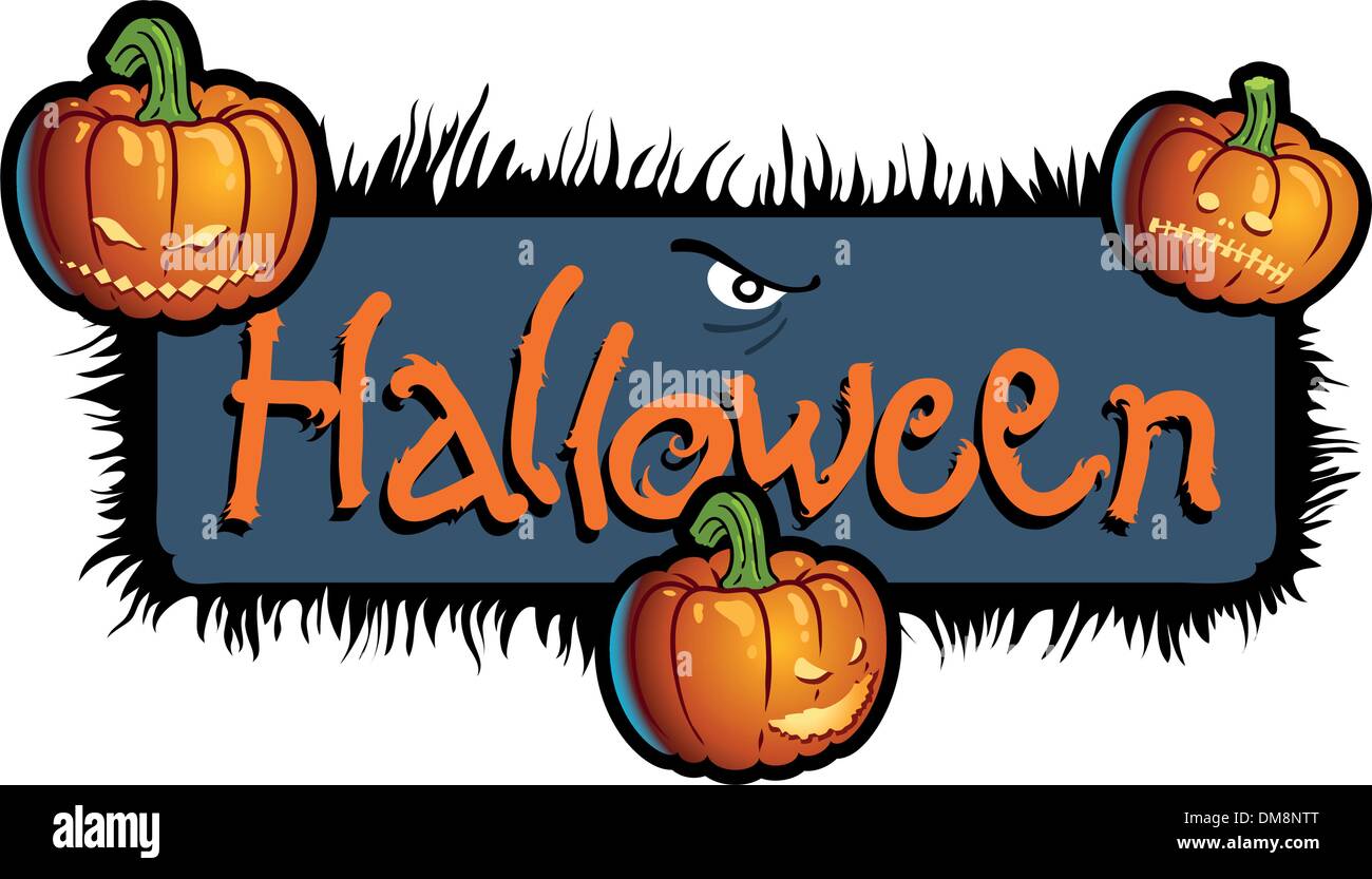 Halloween scary titling with three pumpkin heads of Jack-O-Lantern Stock Vector