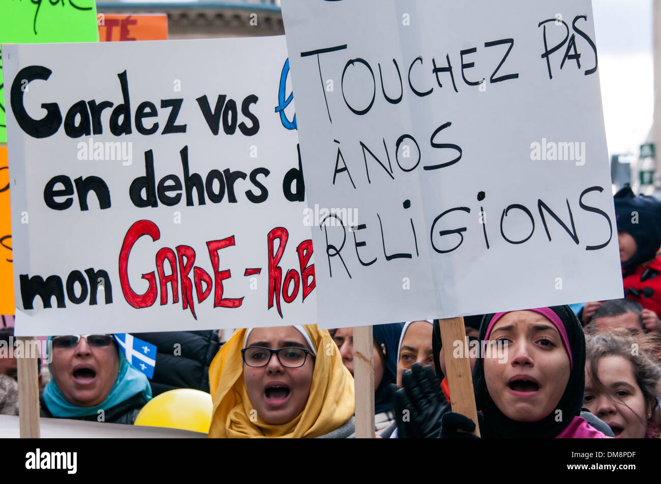 Muslim citizens protest against the new proposed charter of values In Montreal .The chart bans religious signs in public service Stock Photo