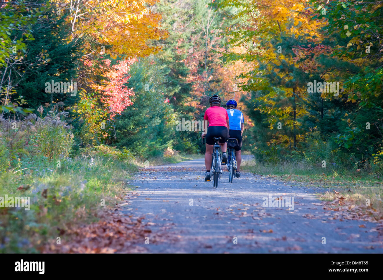 Cycling in the autumn on P'tit Train du Nord bike path Laurentians Quebec Stock Photo