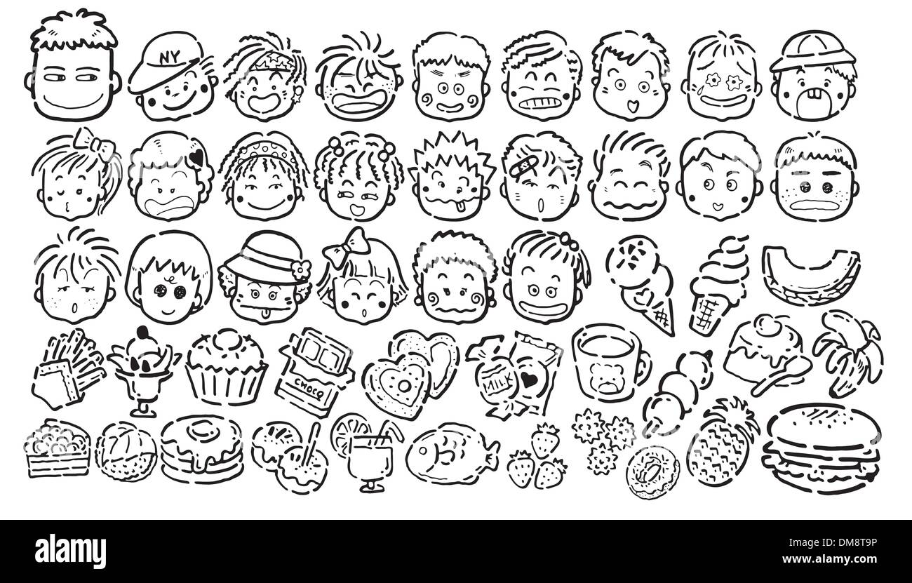 Cartoon face and foodstuff icons in black and white Stock Vector