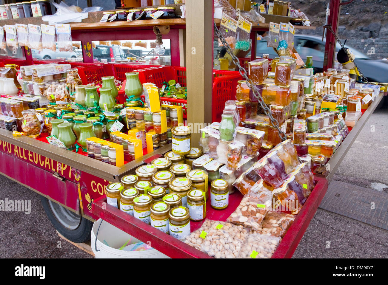 local honey shop on tourist station Rifugio Sapienza on Etna in Sicily Stock Photo