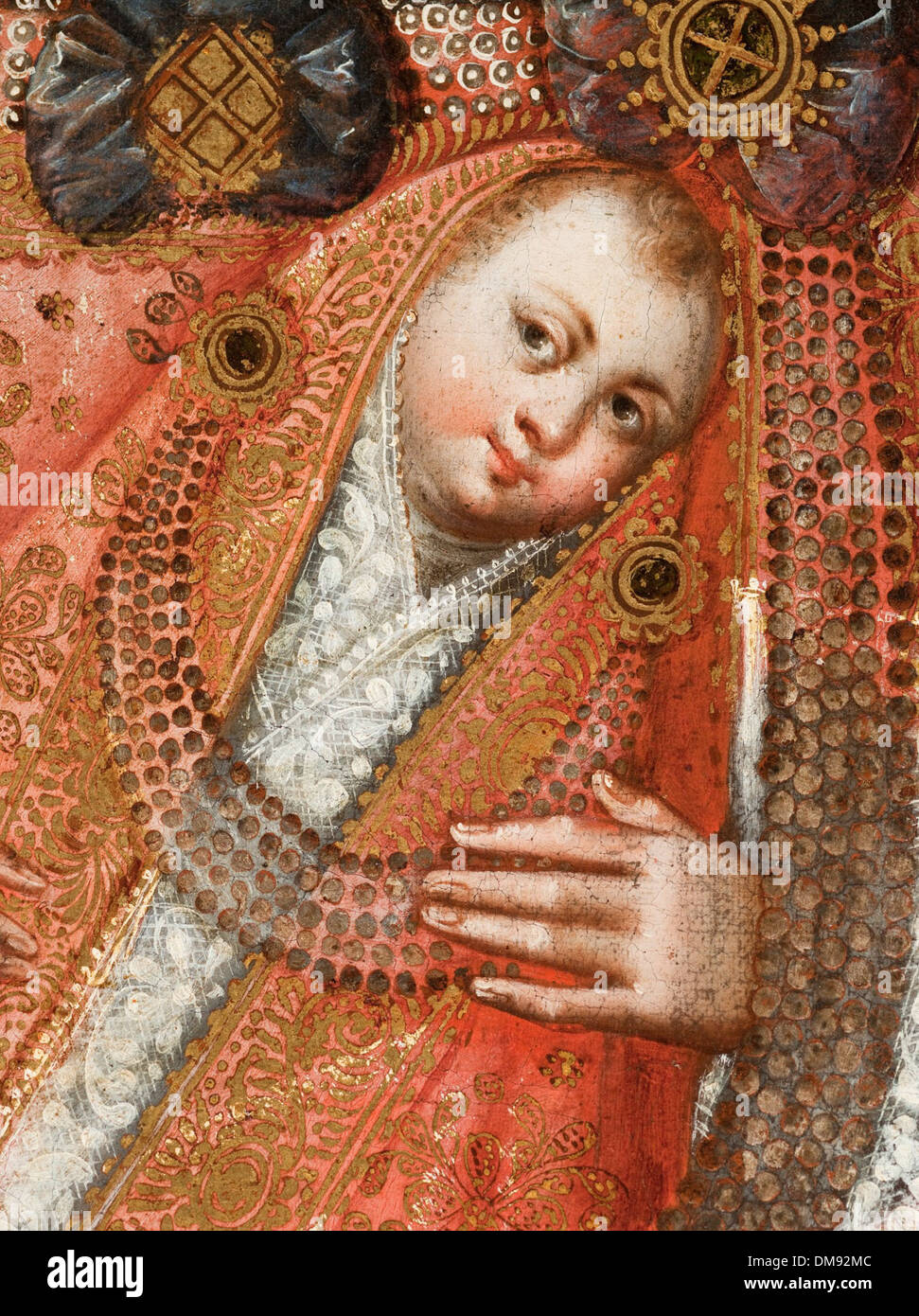 The 'Virgin of Belen' (Virgen de Belen) is a revered representation of the Virgin Mary in a historical context, typical of Spanish colonial art. This piece combines religious symbolism and cultural expression, reflecting the deeply rooted traditions of Christianity in Latin America. Stock Photo