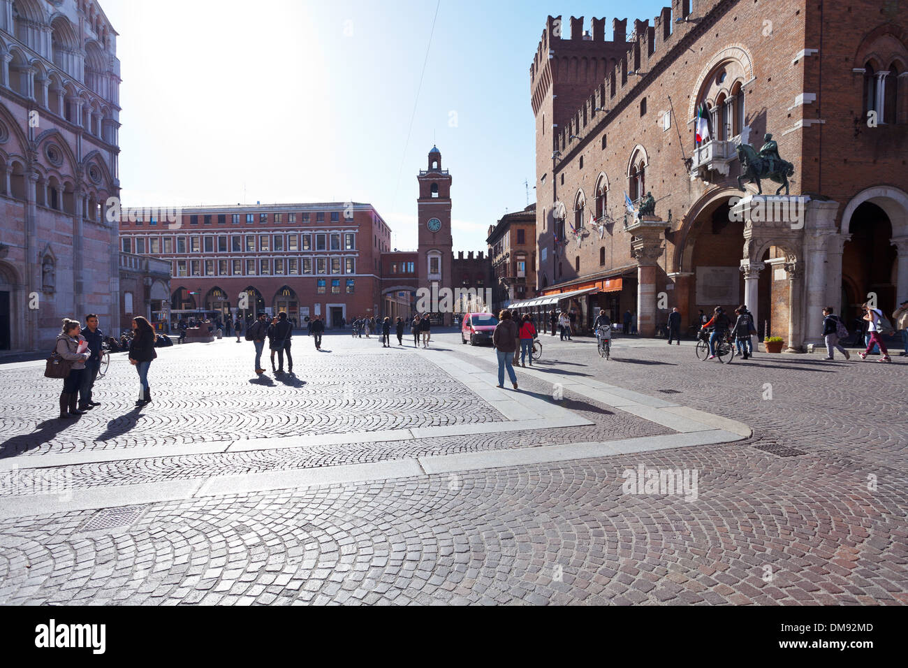 view of Corso di Porta Reno and Piazza Trento e Trieste, Town Hall and Cathedral in Ferrara Stock Photo