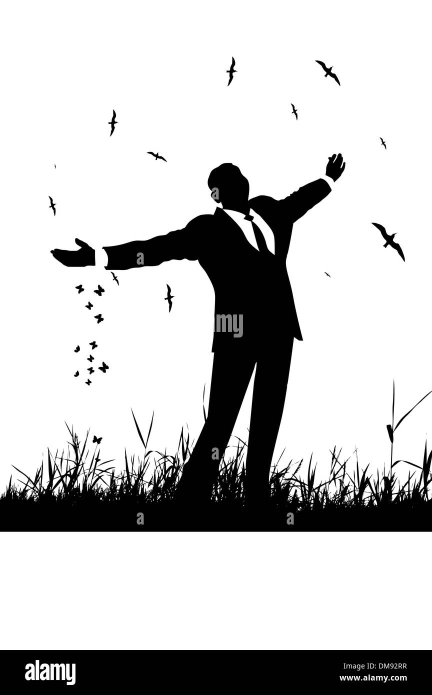 Man is wearing suit rest on nature, black silhouette Stock Vector