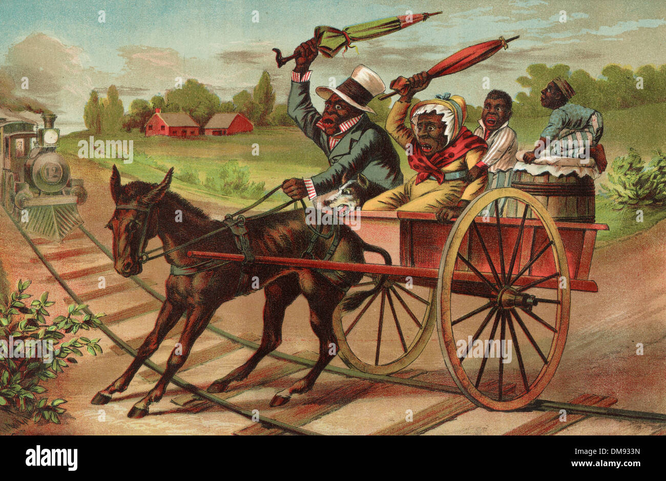 A mule crossed train - a mule stops on the railroad tracks while a train is coming and an African American family desperately tries to get him to move 1883 Stock Photo