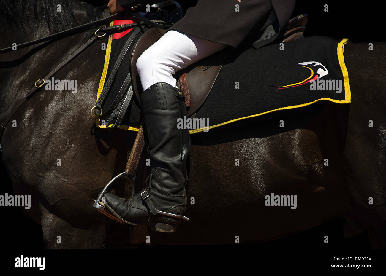 Jockey on a horse, a capture of black boots, white riding pants and