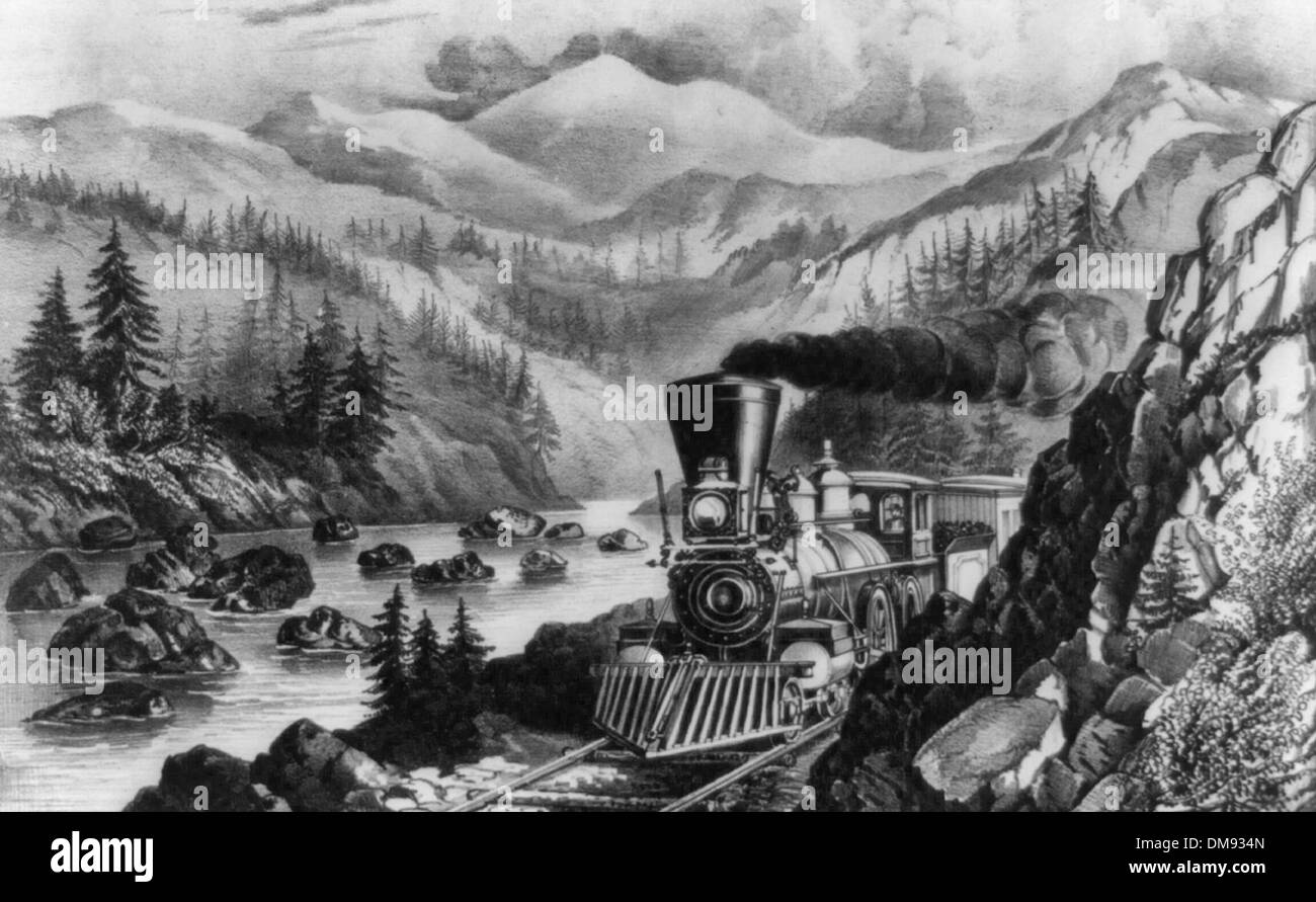 The route to California: truckee River Sierra-Nevada, 1871 Stock Photo