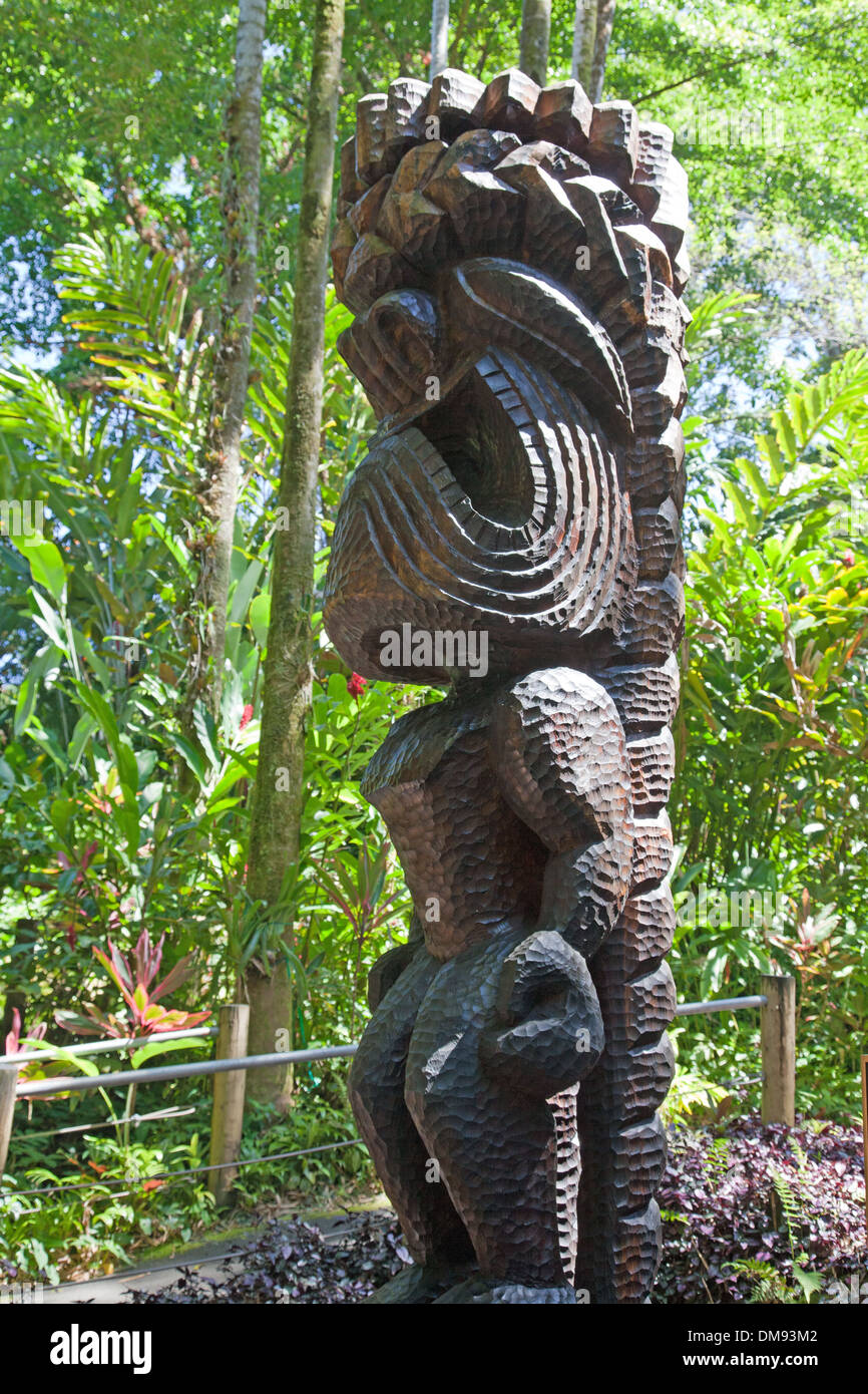 A carved wooden statue of the Hawaiian god Ku centers the banyan canyon area of Hawaiian Tropical Botanical Garden, Hilo, Hawaii Stock Photo