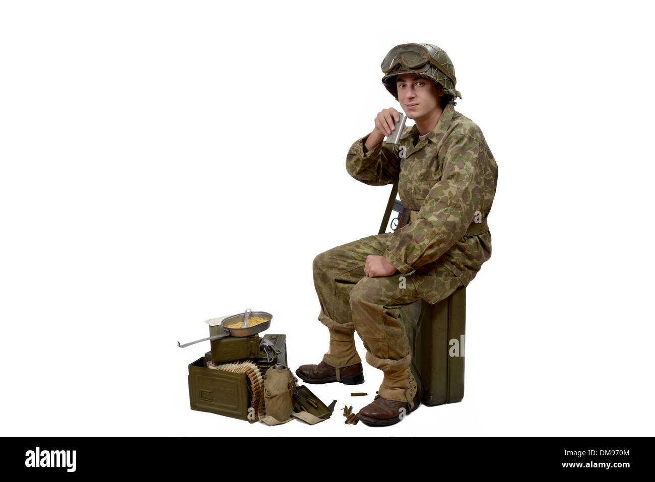 young American soldier in camouflage uniform drink Stock Photo