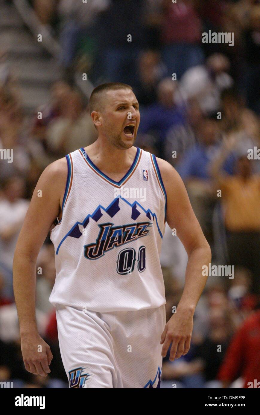 Greg Ostertag yells in the third quarter of game 3 in the Western conference Playoffs between the Sacramednto Kings and the Utah Jazz at the Delta Center, Salt Lake City, Utah, Saturday, April 26, 2003. Sacramento Bee photograph by Bryan Patrick/ZUMA Press Stock Photo