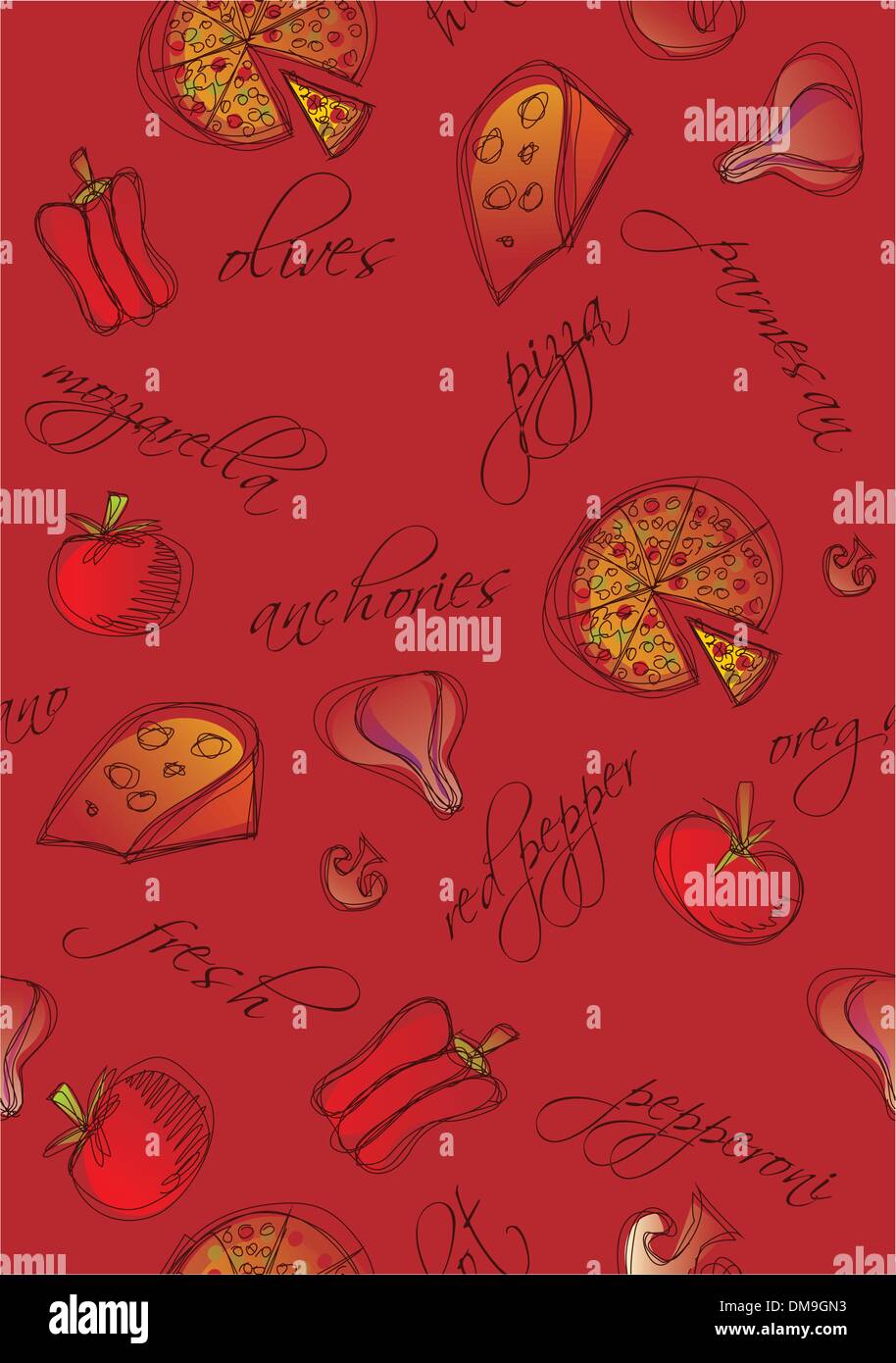 Pizza and ingredients seamless background Stock Vector
