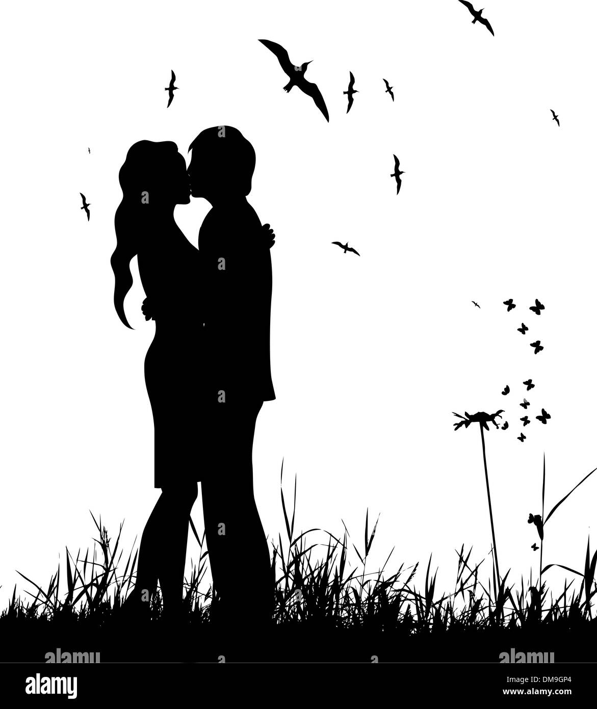 Download Couple kissing on summer meadow, black silhouette Stock ...
