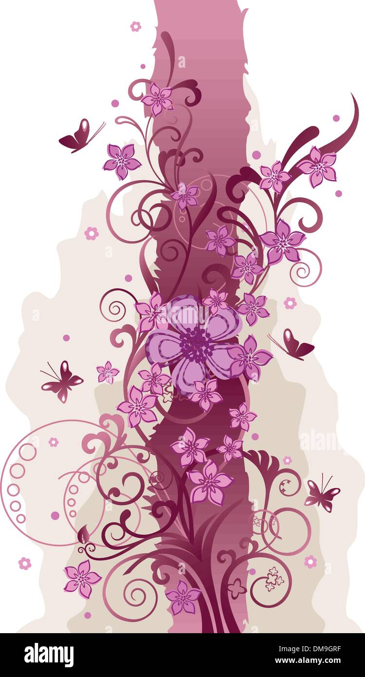 Pink flowers and butterflies border Stock Vector