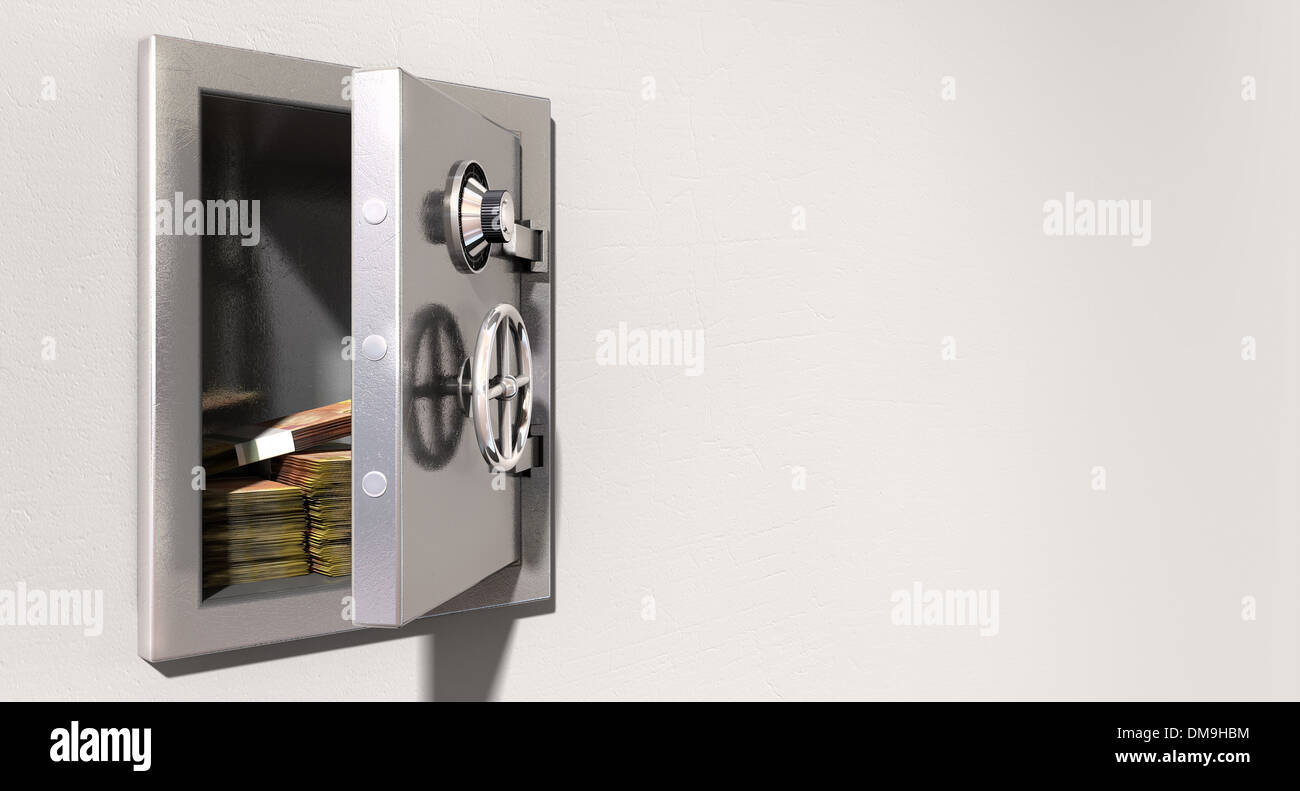 An open metal safe with bundles of south african rands on a light