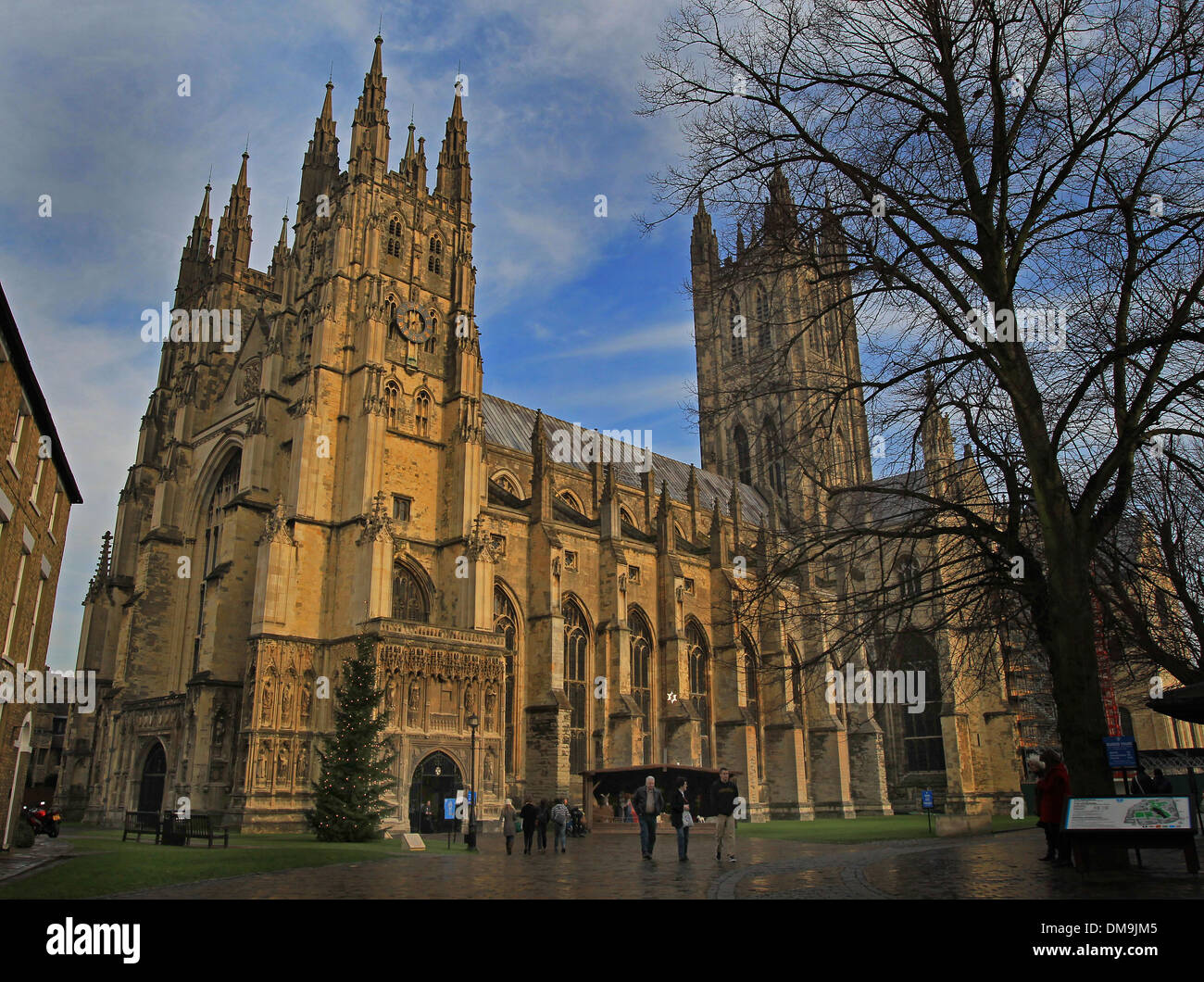 The exterior of Canterbury Cathedral from the south west entrance at dusk in December. Stock Photo