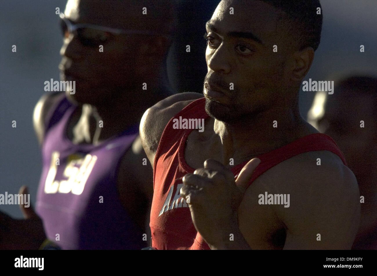 Jun 09, 2005; Sacramento, CA, USA; Arkansas' Tyson Gay runs a very fast 19.93 in the men's 200m semi on day two of the 2005 Division I Men's and Women's Outdoor Track and Field Championships at the Alex G. Spanos Sports Complex. Mandatory Credit: Photo by Carl Costas/Sacramento Bee/ZUMA Press. (©) Copyright 2005 by Carl Costas/Sacramento Bee Stock Photo