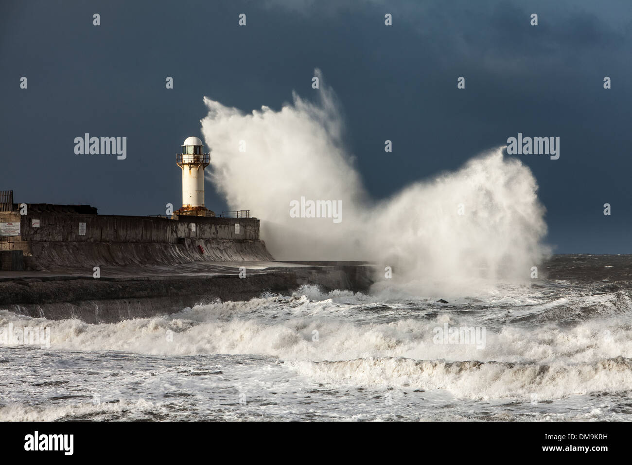 Rough Seas over South Gare Lighthouse, England Stock Photo