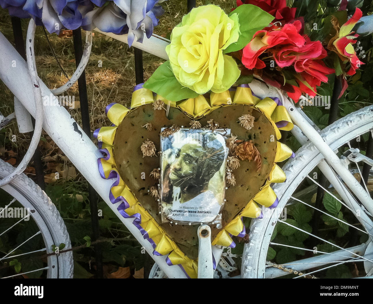 Ghost Bikes in memory of cyclists killed in traffic accidents remain numerous throughout London city. Stock Photo