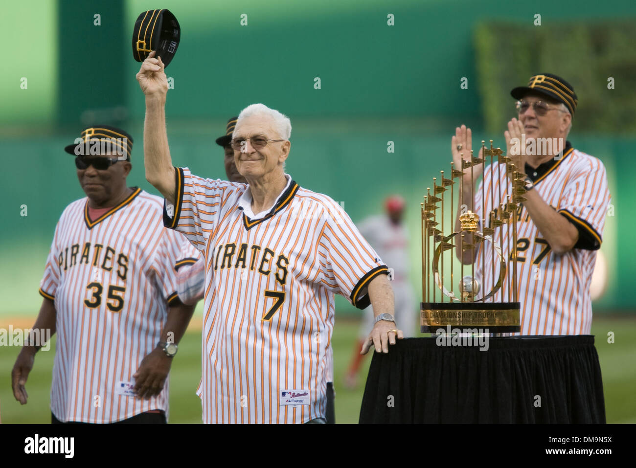 22 August 2009: Manager of the 1979 Pirates Chuck Tanner (7), Manny  Sanguillen (35), Kent Tekulve (27) and members of the 1979 World Champion  Pittsburgh Pirates were honored on the 30th anniversary