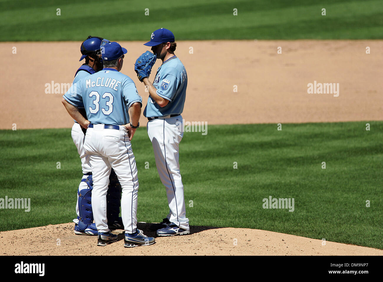 23 August 2009:  Kansas City Royals pitching coach Bob McClure talks with catcher Brayan Pena and starting pitcher Brian Bannister during the Twins 10-3 victory over the Royals at Kauffman Stadium in Kansas City, MO  (Credit Image: © Southcreek Global/ZUMApress.com) Stock Photo