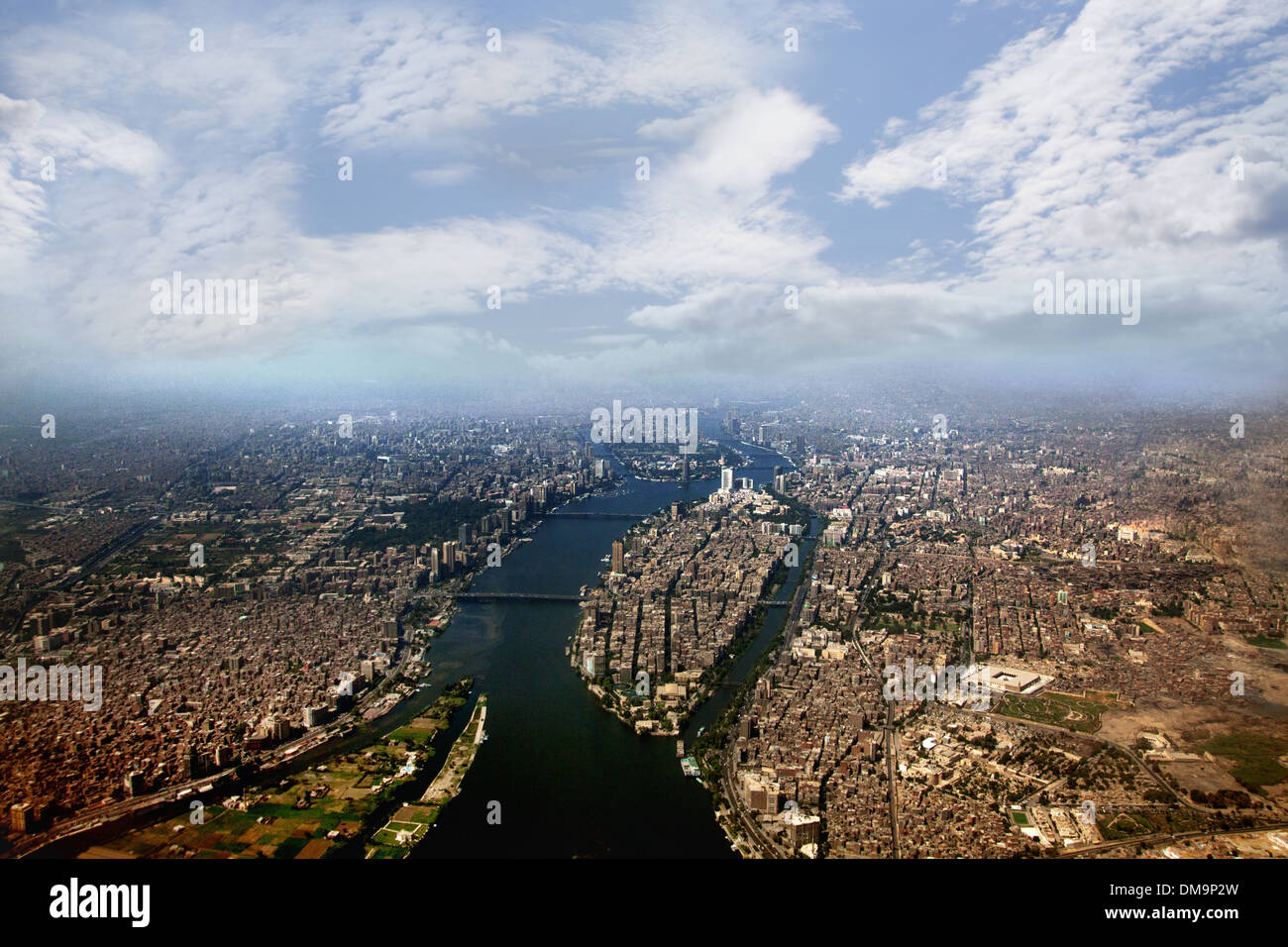 Cairo, Egypt, above, aircraft, buildings, crowd, pollution, nile, river, imbaba, zamalek, shobra, landscape Stock Photo