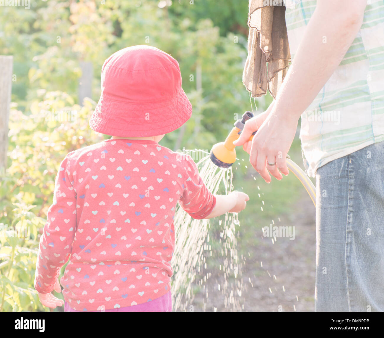 Lifestyle summer scene. Little girl playing with parent in garden, feeling water from sprinkler Stock Photo